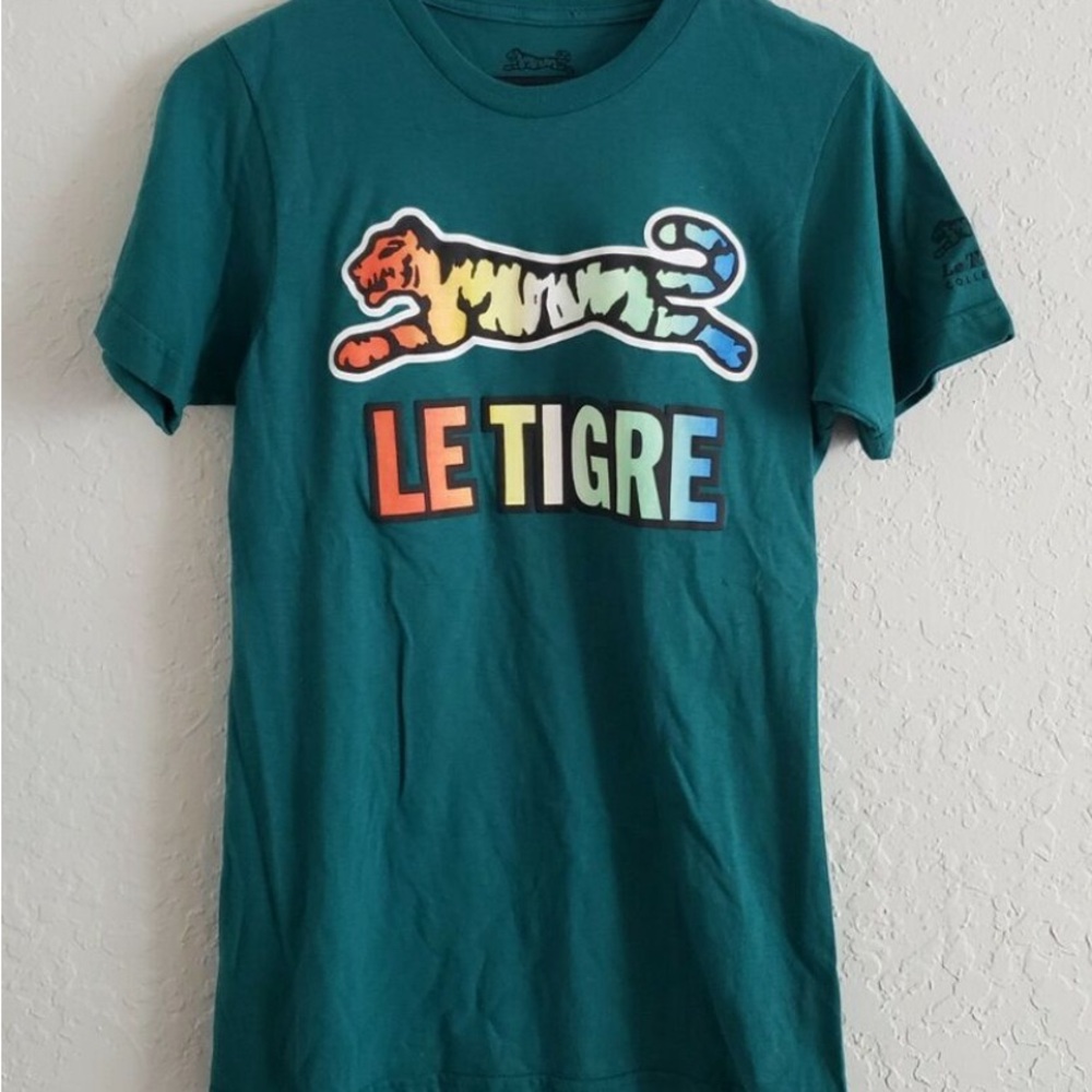 Le Tigre mens t shirt teal with multi color tie die logo XL